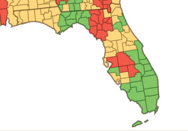 Areas in green are low levels of COVID-19; areas in yellow are medium level; areas in red are high level, according to the Centers for Disease Control.
